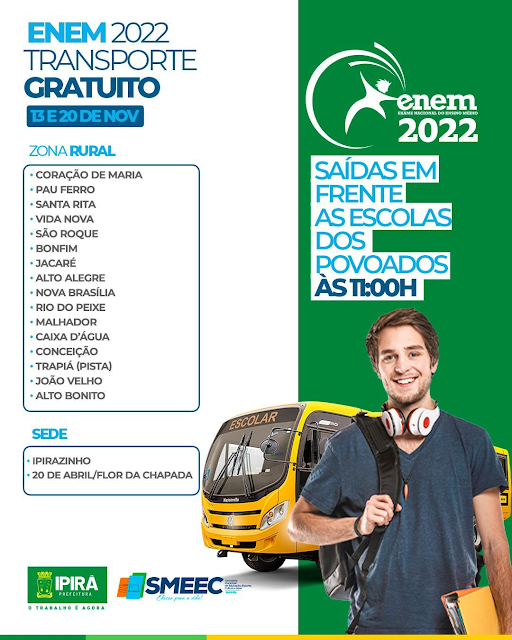 
Prefeitura de Ipirá disponibilizará transporte gratuito para participantes do ENEM
