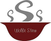 Red bowl with gray steam rising from top, Wolfe Stew written on front of bowl.