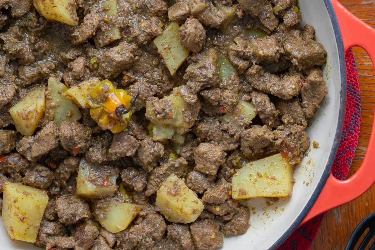 Pic of curry lamb with potato chunks and pepper