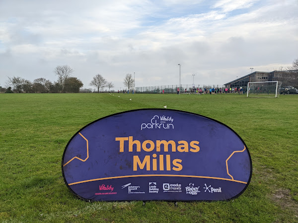 Thomas Mills start sign with finish funnel in the background