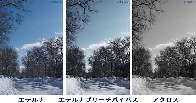 雪景色の写真に各種フィルムシミュレーション３
