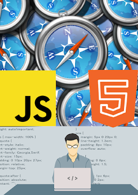 Logo Safari, JavaScript oraz HTML5. Na dole personifikacja blogera/programisty siedzącego po środku a w tle linijki kodu
