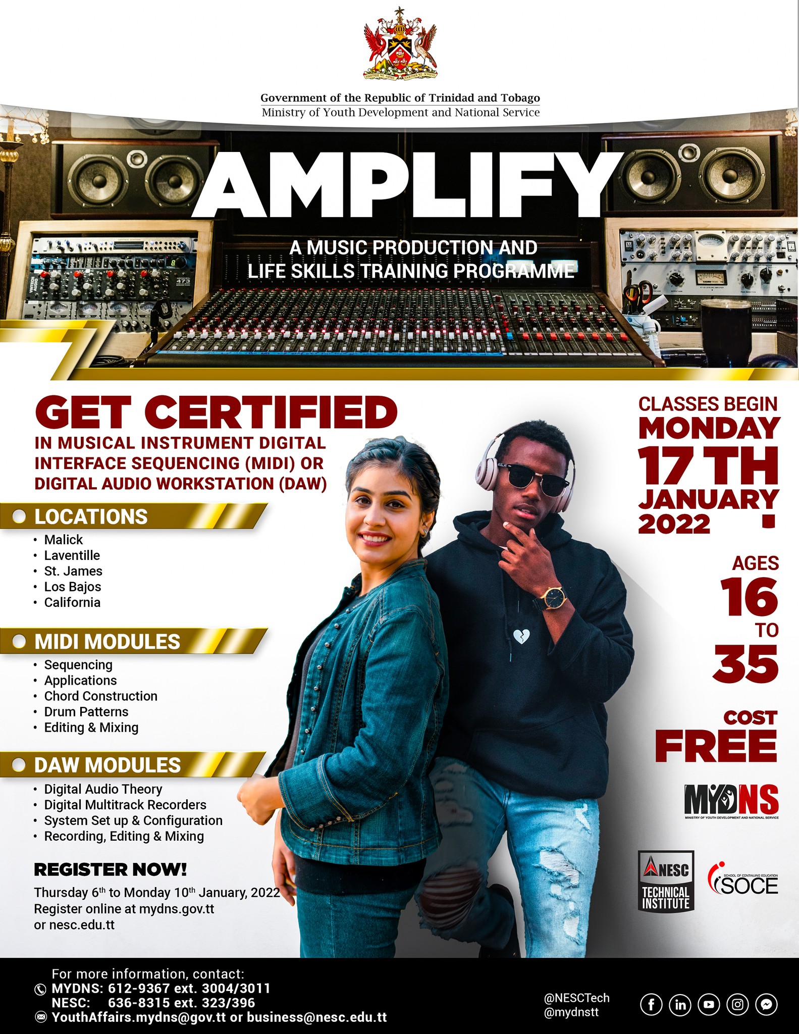 New National Energy Skills Center (NESC) January 2022 Music Production and Life Skill Training Programme (Trinidad and Tobago)