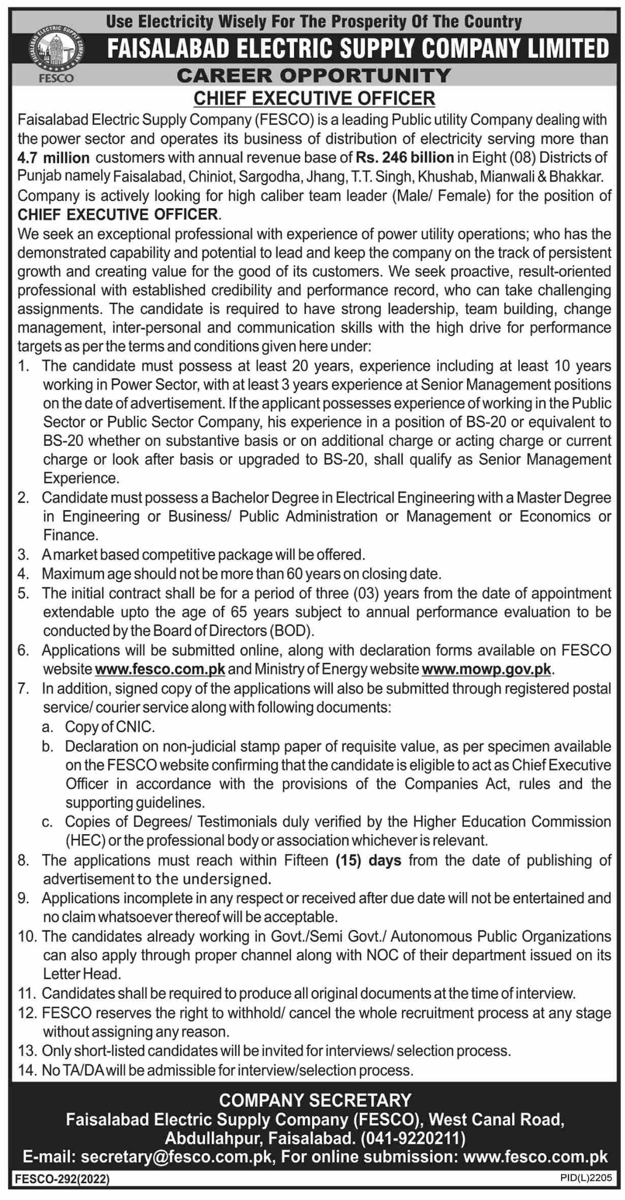 FESCO Faisalabad Electric Supply Company Limited Jobs 2022