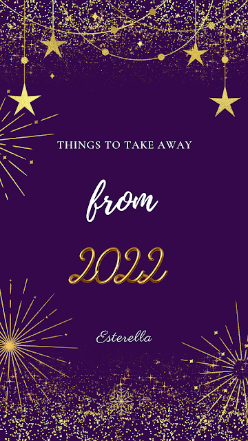 Purple background with gold star and firework illustrations. Text in the middle reads things to take away from 2022