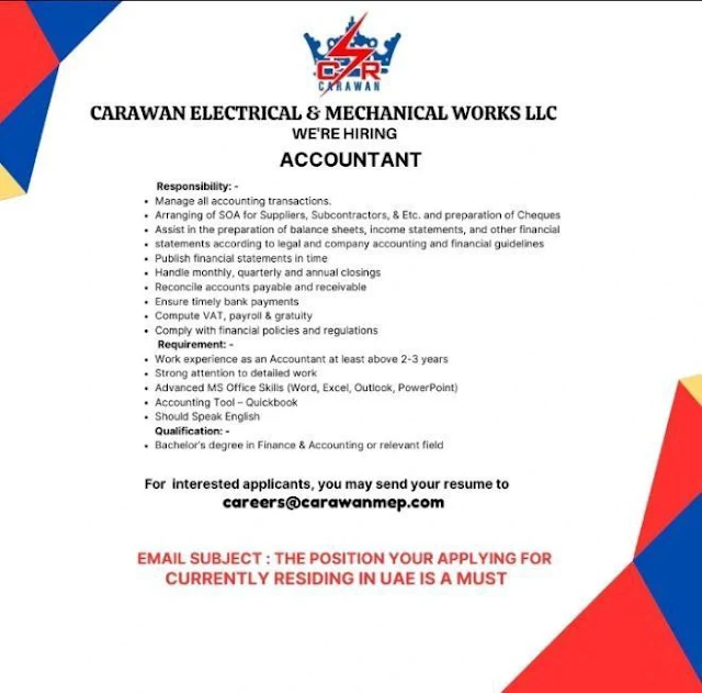 Open Recruitment Day Al Karawan Electrical and Mechanical Works Company LLC is currently searching for candidates for the position of accountant in the UAE. يوم توظيف مفتوح شركة الكروان للأعمال الكهربائية والميكانيكية ذ.م.م تقوم حاليًا بالبحث عن مرشحين لشغل منصب محاسب في الامارات