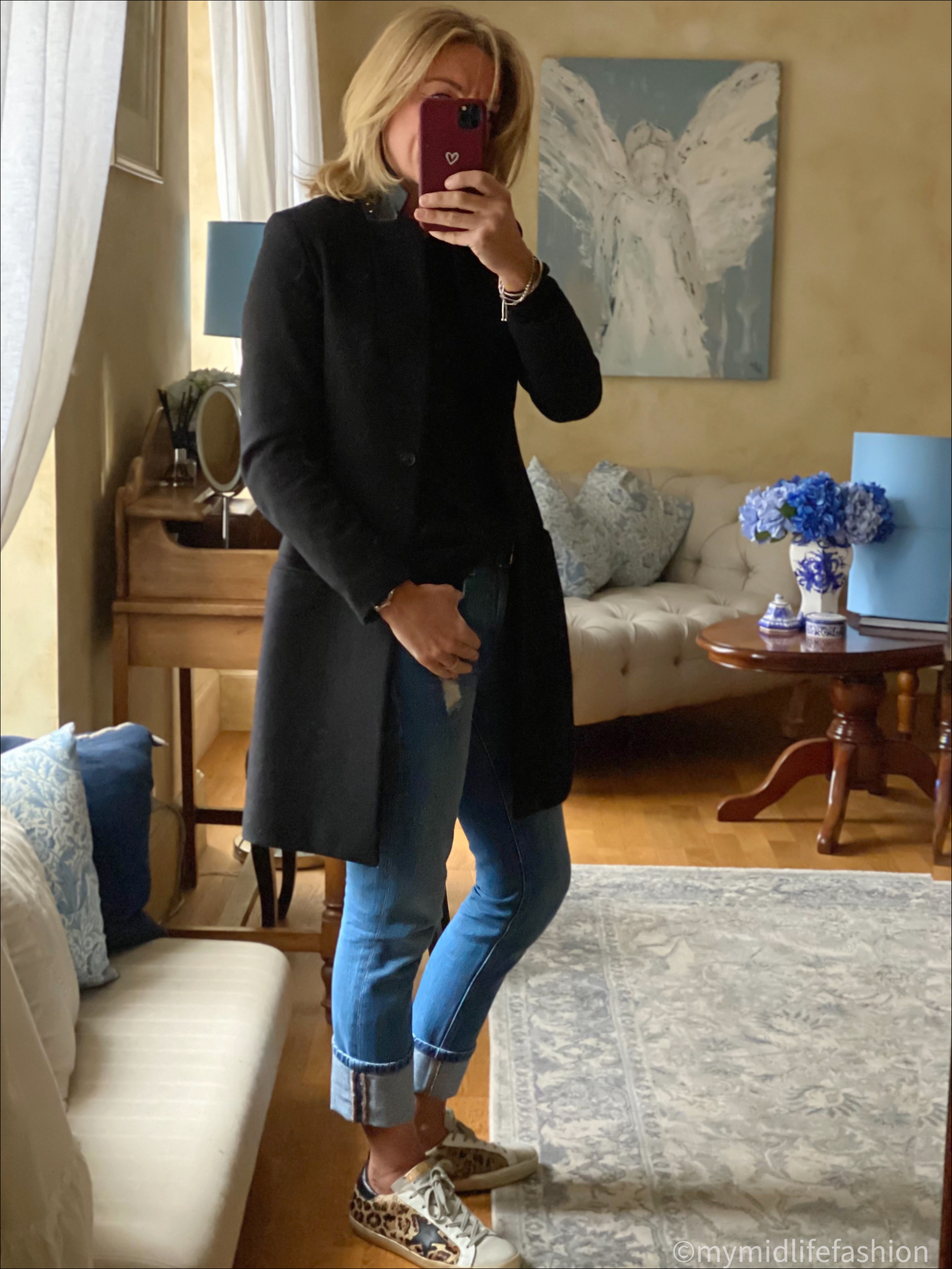 my midlife fashion, all saints single breasted coat, hush cashmere crew neck boyfriend jumper, no 44 boyfriend jeans, golden goose superstar low top trainers