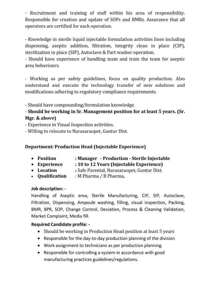 Job Availables,Safe Parental Ltd Job Vacancy For B.Pharm/ M.Pharm