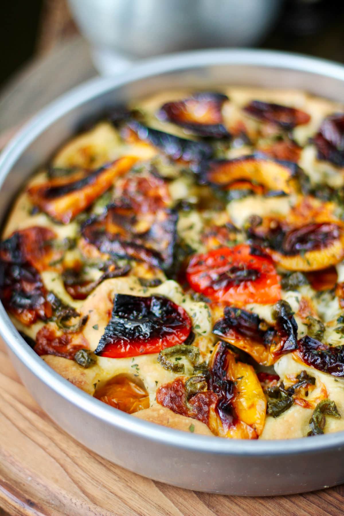 Roasted Pepper and Chile Focaccia in baking pan.