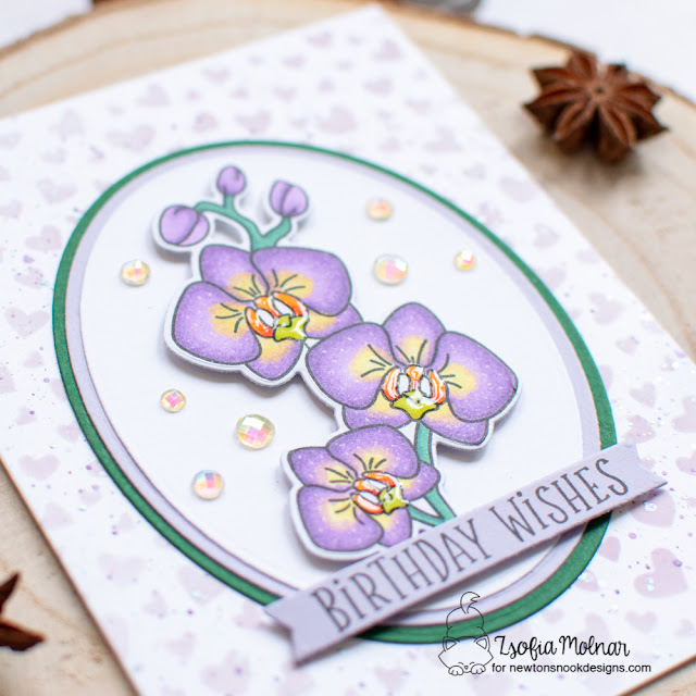 Orchid Card by Zsofia Molnar | Orchids Stamp Set, Frames & Flags Die Set and Petite Hearts Stencil by Newton's Nook Designs #newtonsnook #handmade