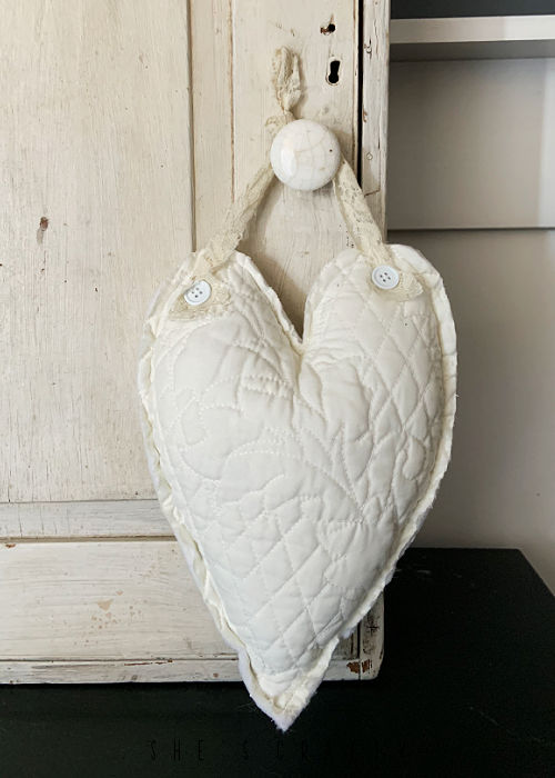 Rustic Fabric Heart hanging with lace trim.