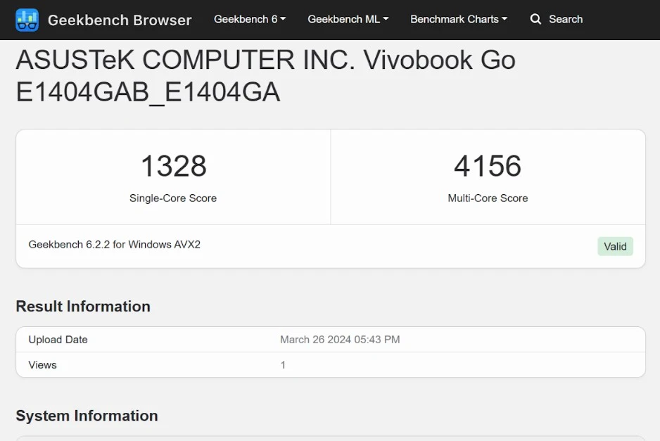 Benchmark Asus Vivobook Go 14 E1404GA