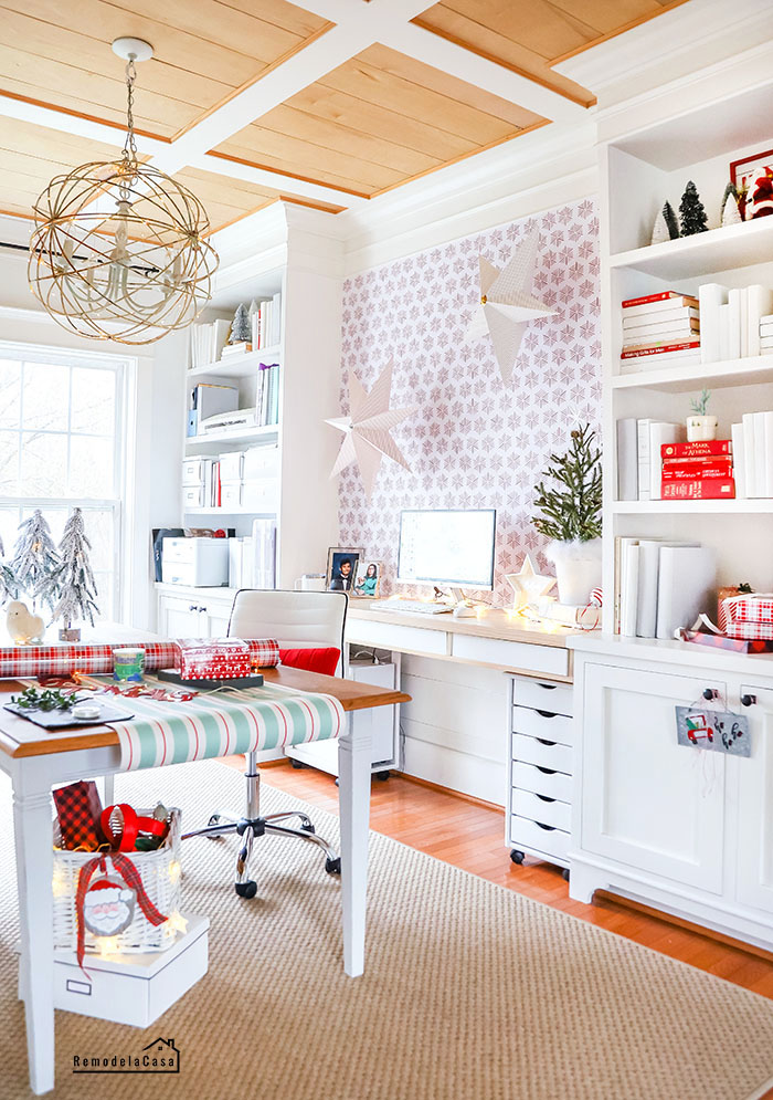 Red and white Christmas décor in home office