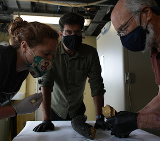From left, Katherine Moon, a postdoctoral researcher at the University of California, Santa Cruz; Dr. Haddock and paleontologist Daniel Fisher of the University of Michigan examined a tusk fragment in the ship’s lab.Credit...