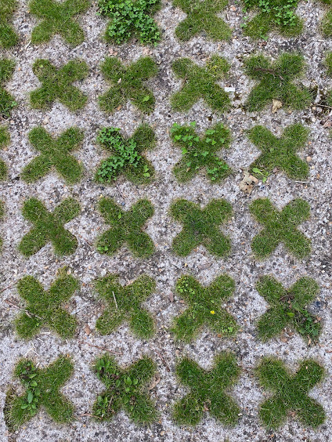 concrete parking surface with grass growing through cross shapes