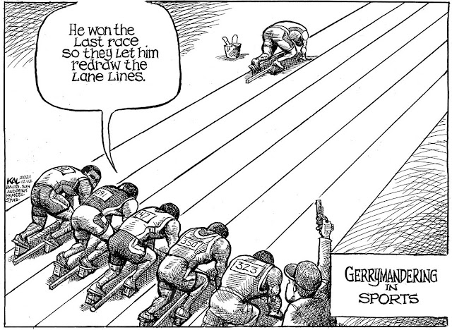 Title:  Gerrymandering in Sports.  Image:  runners lined up in the starting blocks for a race.  One runner is ten yards ahead of the rest.  One of the others says to the athlete beside him, 