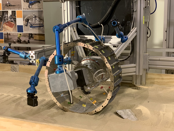 An engineering version of the VIPER lunar rover's wheels undergoes testing at ProtoInnovations in Pittsburgh, Pennsylvania.