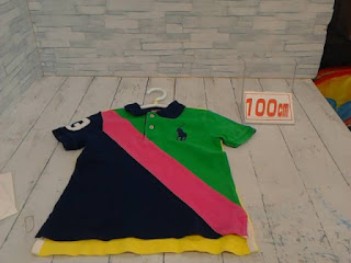 中古品　子供服　１００ｃｍ　ＰＯＬＯ　ネイビー×ピンク　ライン×グリーン　半袖ポロシャツ　１３７５円