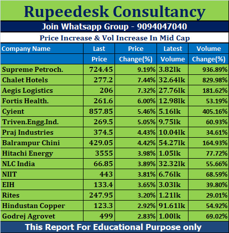 Price Increase & Vol Increase In Mid Cap