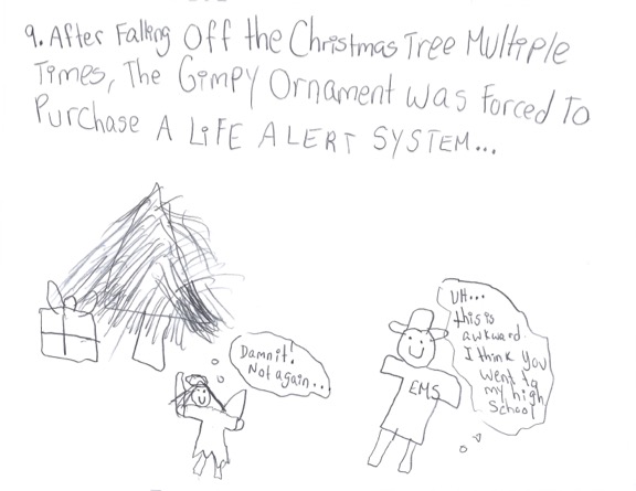 An angel ornament lies on the floor near a Christmas tree with a gift. The angel says “Damn it! Not again…” An EMS firefighter stands nearby and says “Uh… this is awkward. I think you went to my high school…”