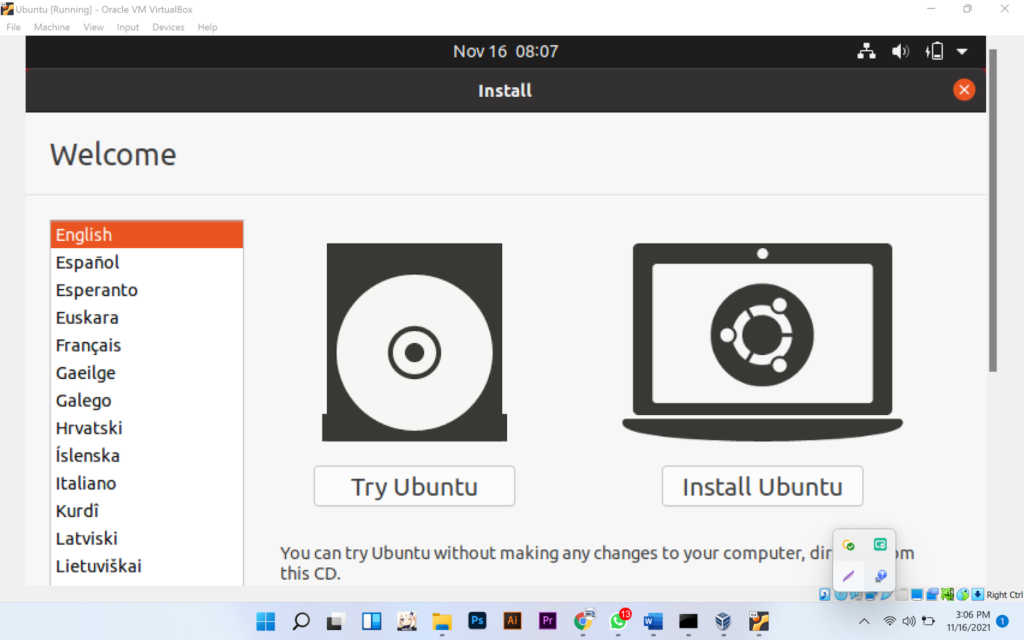 pilih bahasa dan install ubuntu