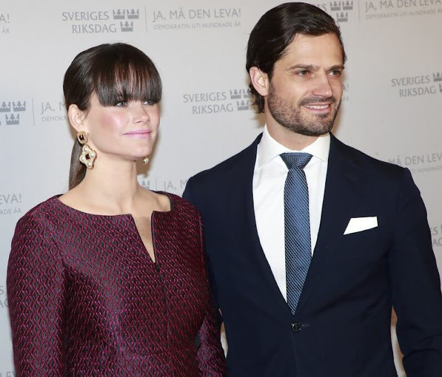 Princess Sofia wore a graphics dress by Dorothee Schumacher. Manolo Blahnik Hangisi jeweled pink pumps. Maria Nilsdotter earrings
