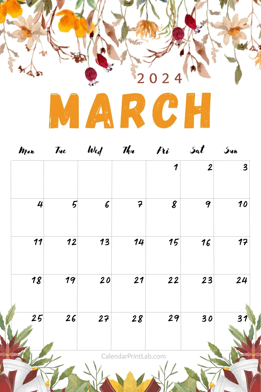 free march 2024 floral calendar printable