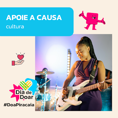 mulher negra tocando guitarra e o texto: apoie a causa cultura