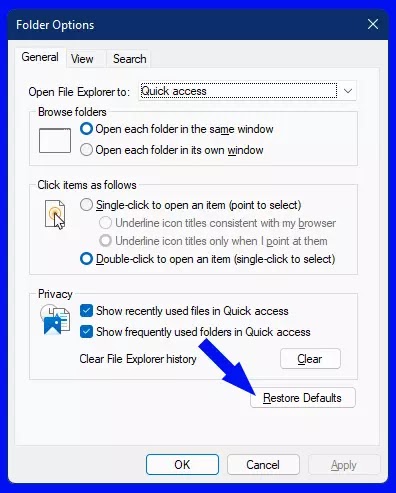folder options-restore default