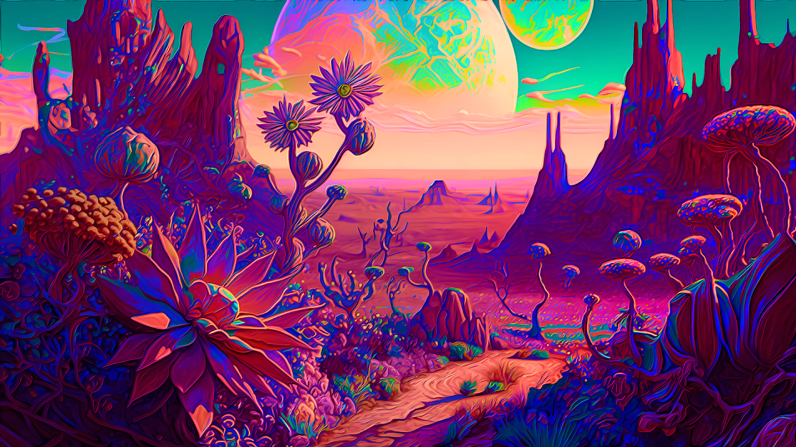 A vibrant alien landscape with otherworldly plants under a large, glowing moon.