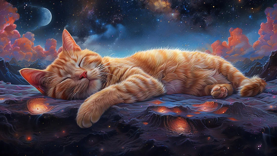 A charming 4K wallpaper featuring a content ginger cat asleep on a cosmic landscape, with vibrant nebulae and celestial bodies in the background, evoking a dreamlike space odyssey.

