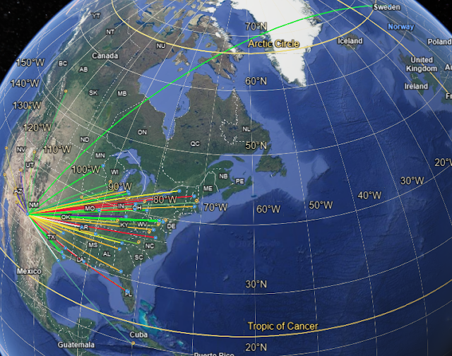 Map of North America Highlighting 10 QSOs from Organ Mountains-Desert Peaks National Monument in New Mexico