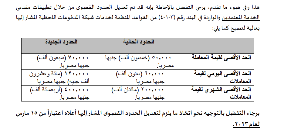 اعتبارا من 15 مارس 2023 البنك المركزي المصري يرفع حدود السحب في إنستاباي