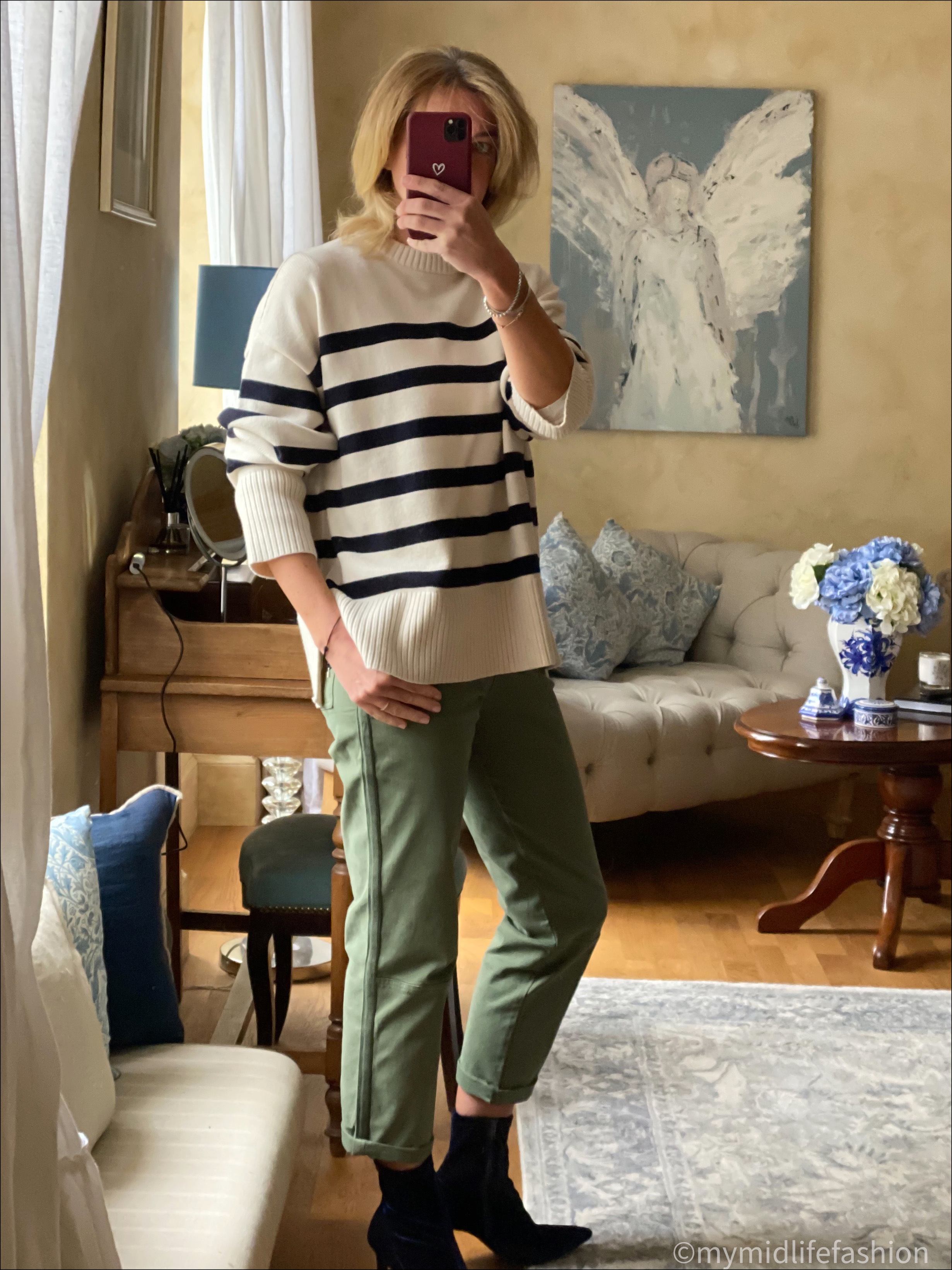 my midlife fashion, baukjen easter organic cotton cargo trousers, Zara oversized stripe jumper, marks and Spencer stiletto heel ankle boots