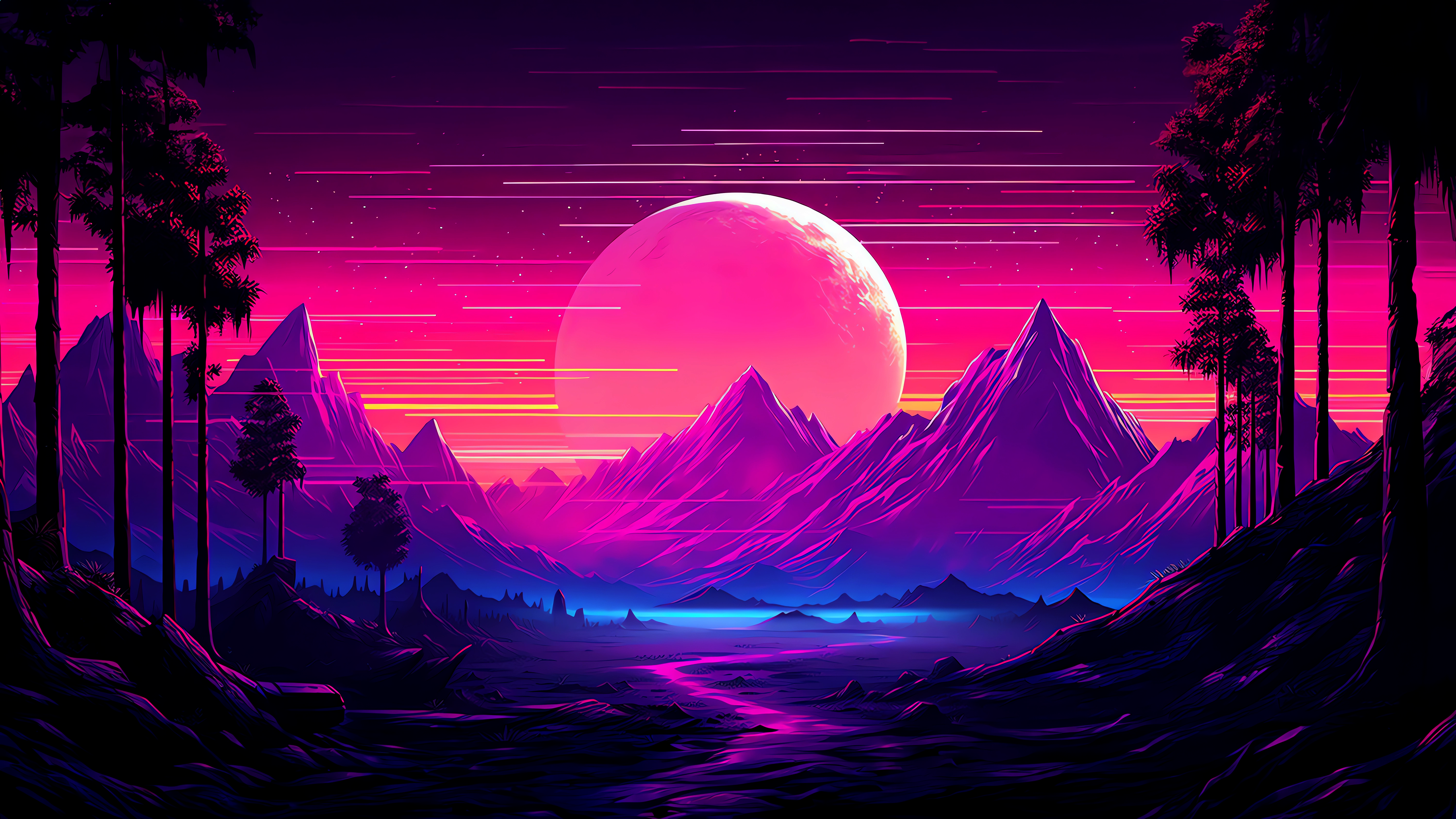 4K PC Wallpaper - Vaporwave Tropical Night Landscape