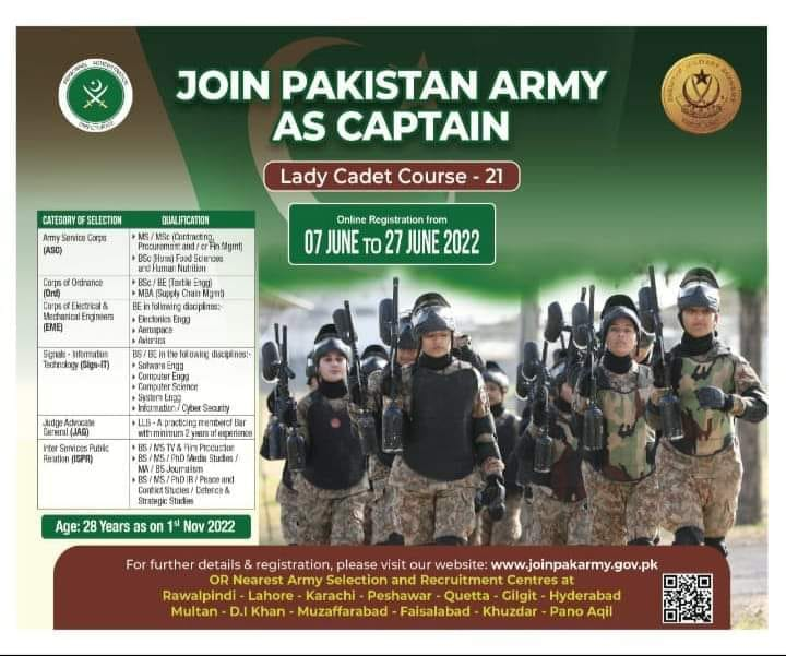 Join Pakistan Army as Captain Through Lady Cadet Course 2022 LCC