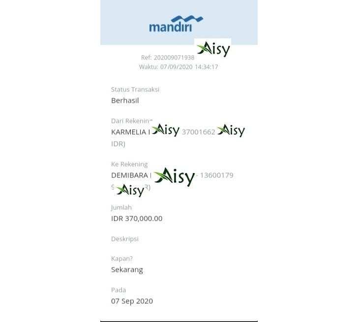 7 Bukti Transfer Pembayaran Transaksi Catering September 2020 Karmelia