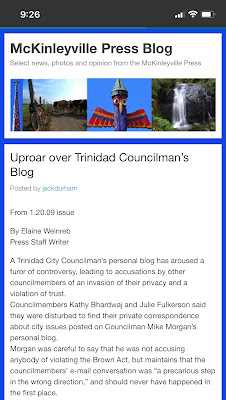 January 27, 2009! McKinleyville Press article on Trinidad City Council Mike Morgan Blogging