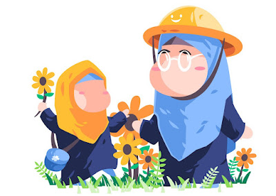 Ibu dan anak muslim bersama bunga matahari / vectorstock
