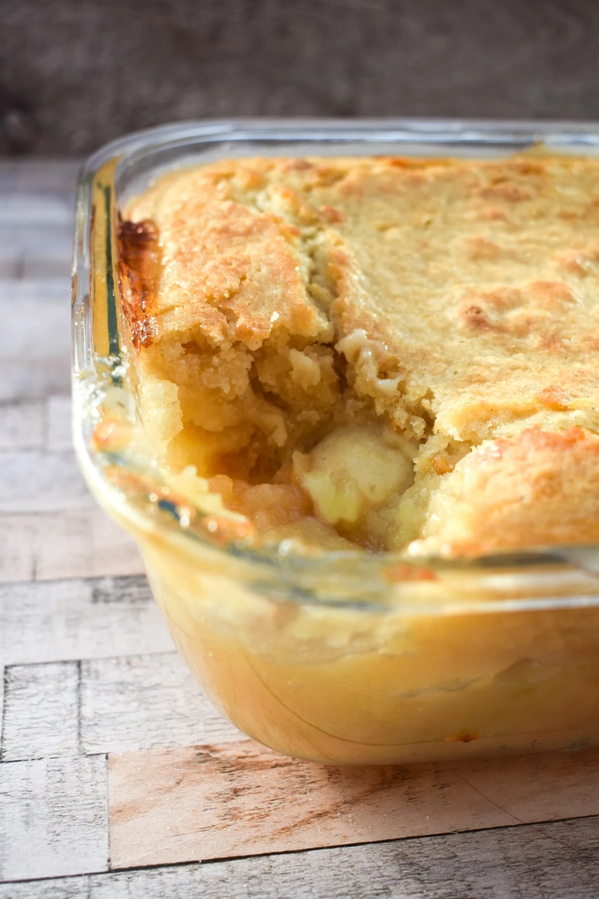 Apple Sponge Pudding in a glass baking dish
