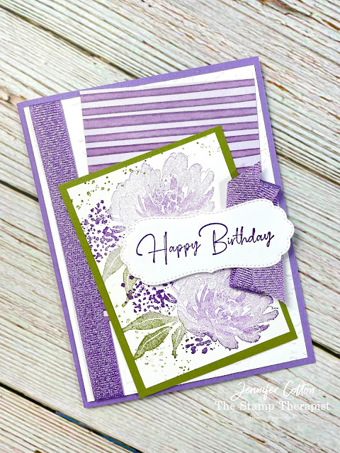 Handmade card with Highland Heather and Old Olive (and white) using the Stampin' Up! Flowing Flowers set.  More details on video on blog.  Jennifer Cotton