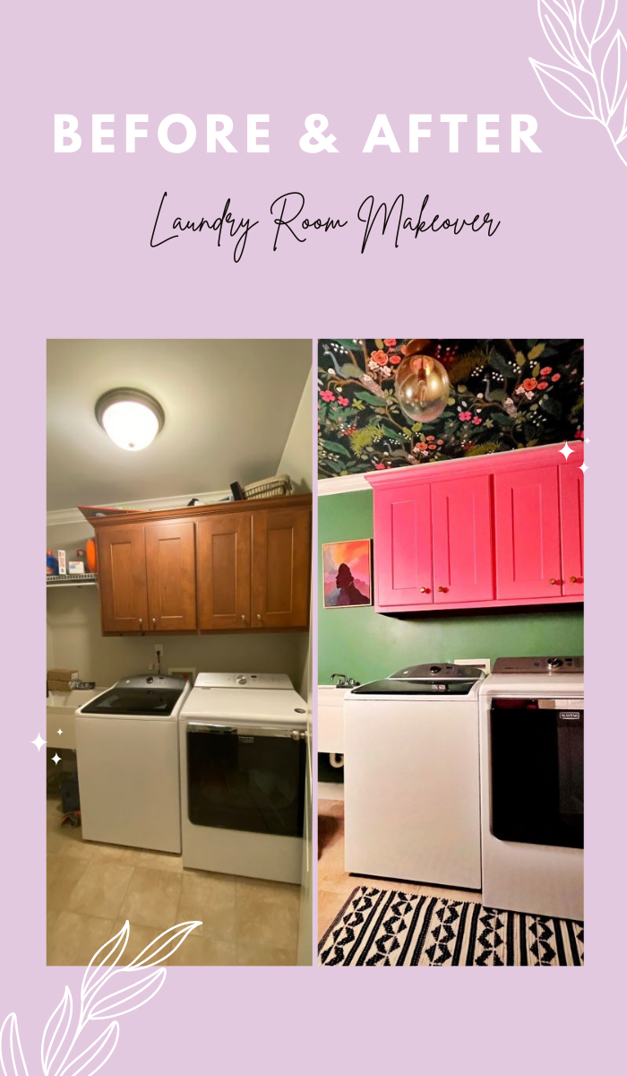 Laundry room graphic showing before and after-designaddictmom