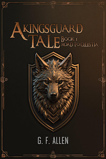 A Kingsguard knight in shining armor kneels protectively beside a cloaked celestial woman. A starry night sky with a swirling portal beckons in the background. (A Kingsguard Tale: Road to Celestia by G.F. Allen)