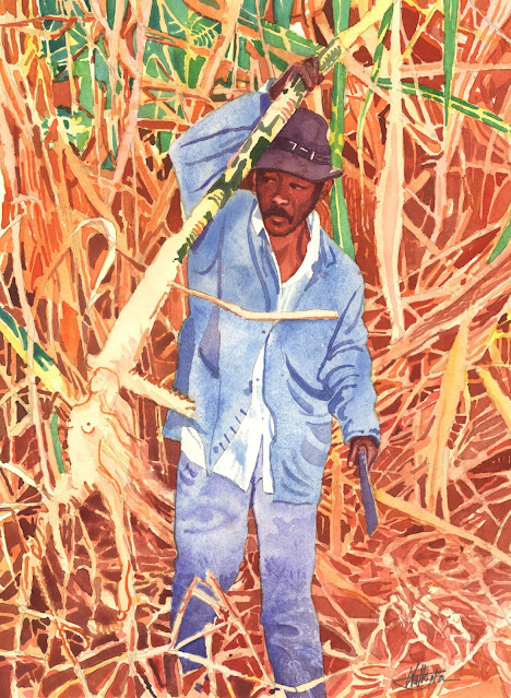 Watercolour of a sugar cane cutter hallucinating under the blazing sun, Watercolour of a sugar cane cutter hallucinating in the blazing sun, "La nymphe des cannes," by William Walkington