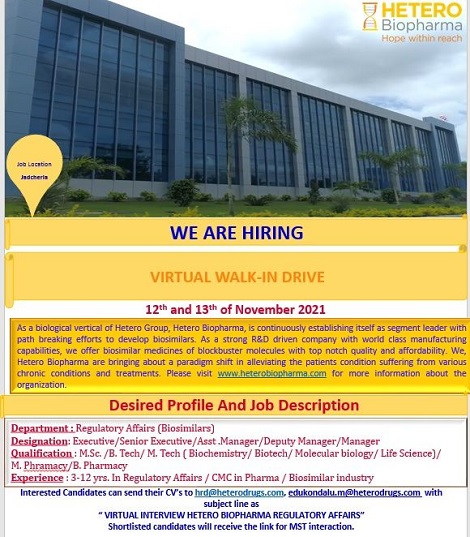 Hetero Bio-Pharma | Virtual interview for Regulatory Affairs on 13th & 14th Nov 2021