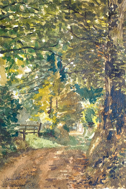 A watercolour of a sunken track bordered by trees, entitled "Chemin creux," by William Walkington in 1978