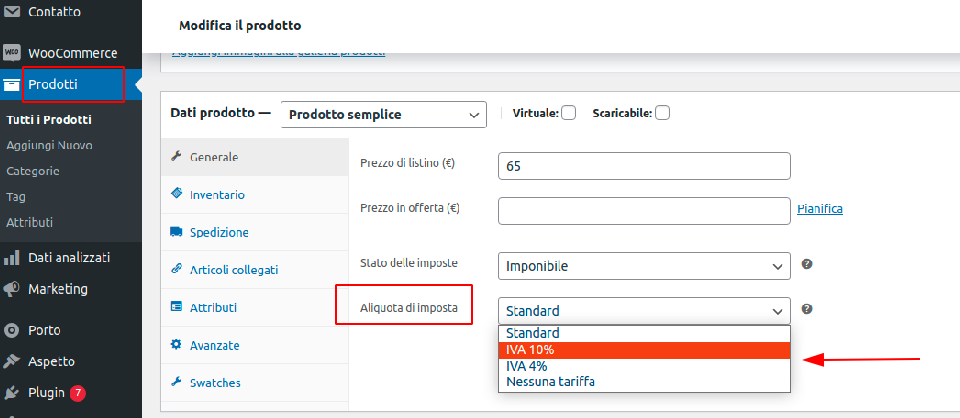 PRODOTTO woocommerce SELEZIONE aliquota