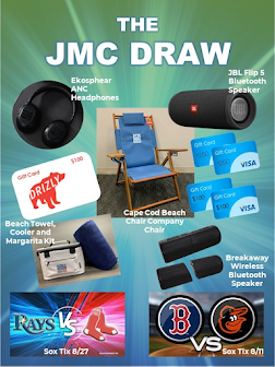 Graphic of headphones, speakers, gift cards, cooler, beach chair, and Red Sox tickets