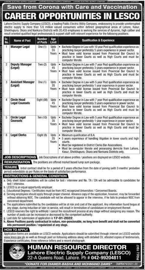 Lahore Electric Supply Company LESCO Jobs 2022 Apply Online