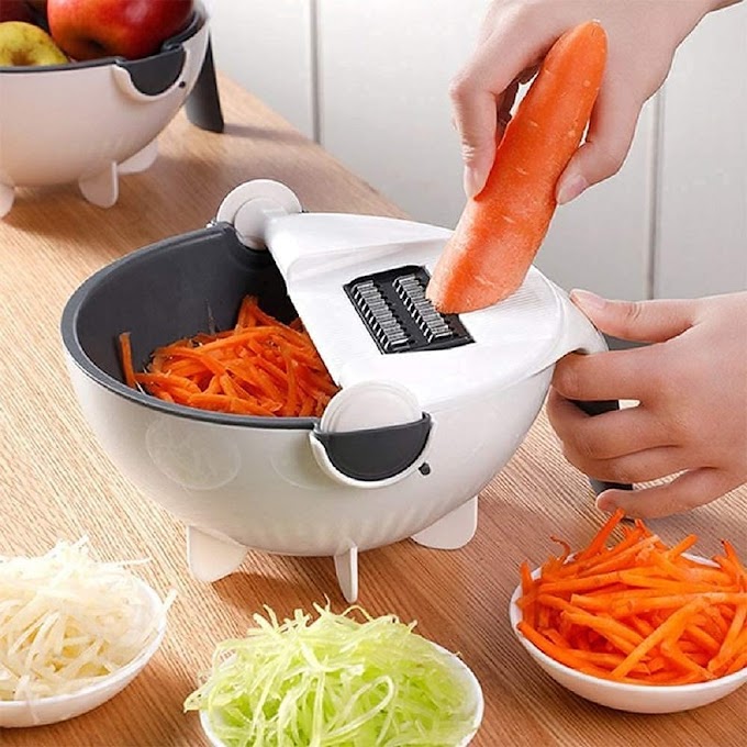 Plastic 9 in 1 Multi Rotate Kitchen Vegetable Cutter with Drain Basket (Multicolour)